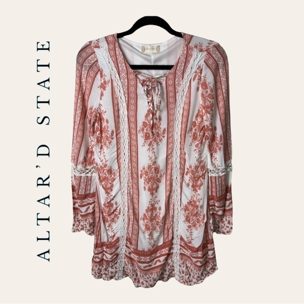0891. ALTAR’D STATE LONG‎ SLEEVE DRESS MINI LENGTH SIZE SMALL ORANGE/WHITE